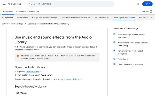 YouTube Audio Library preview