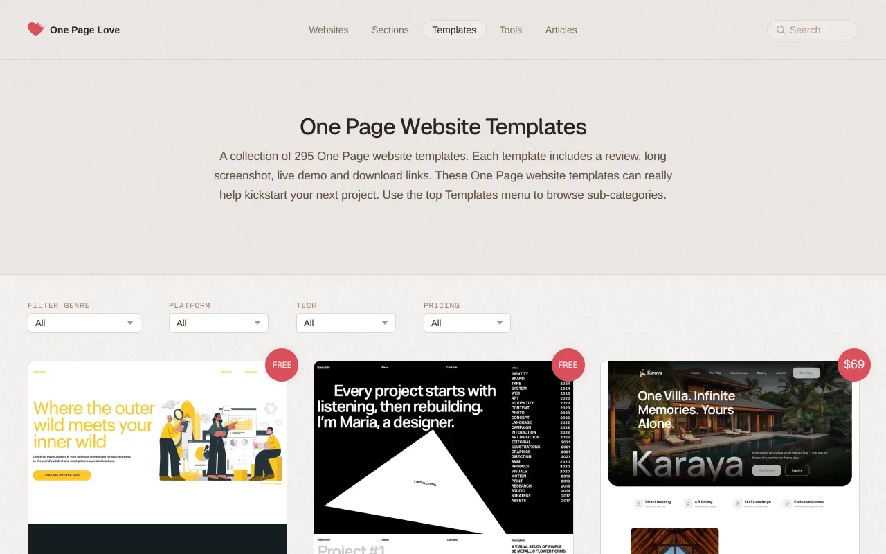 One Page Templates screenshot